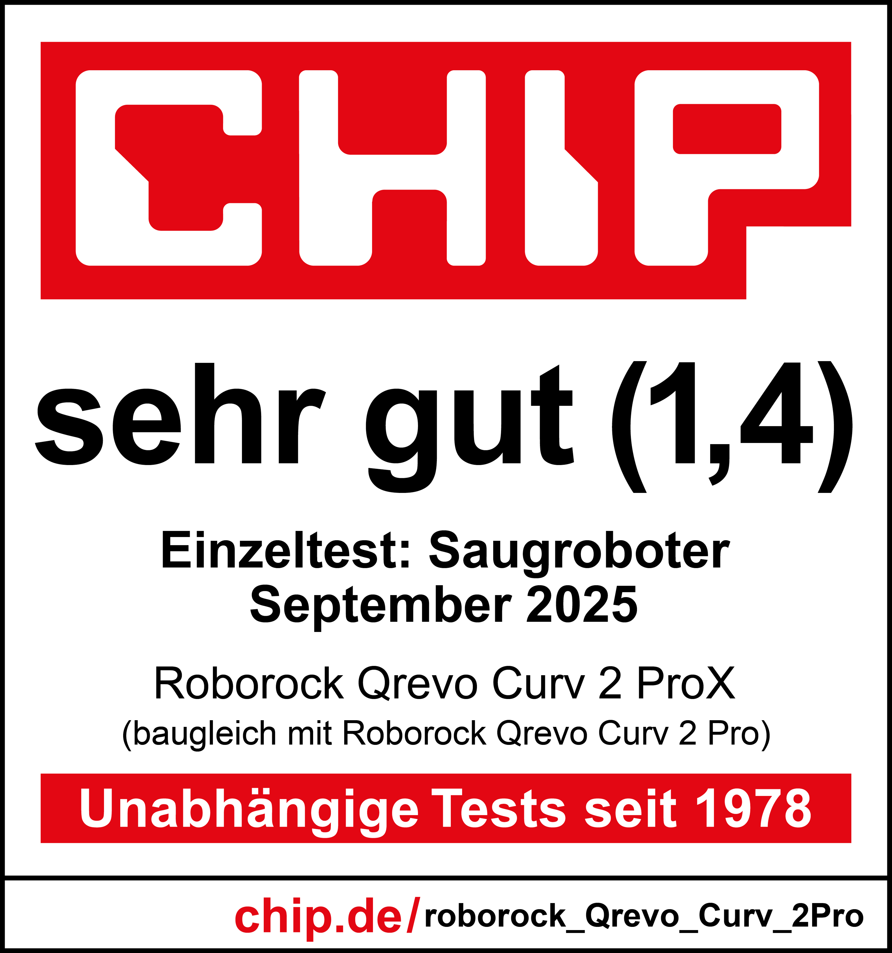CHIP-Logo, Text 'sehr gut (1,4)', Saugroboter-Test.
