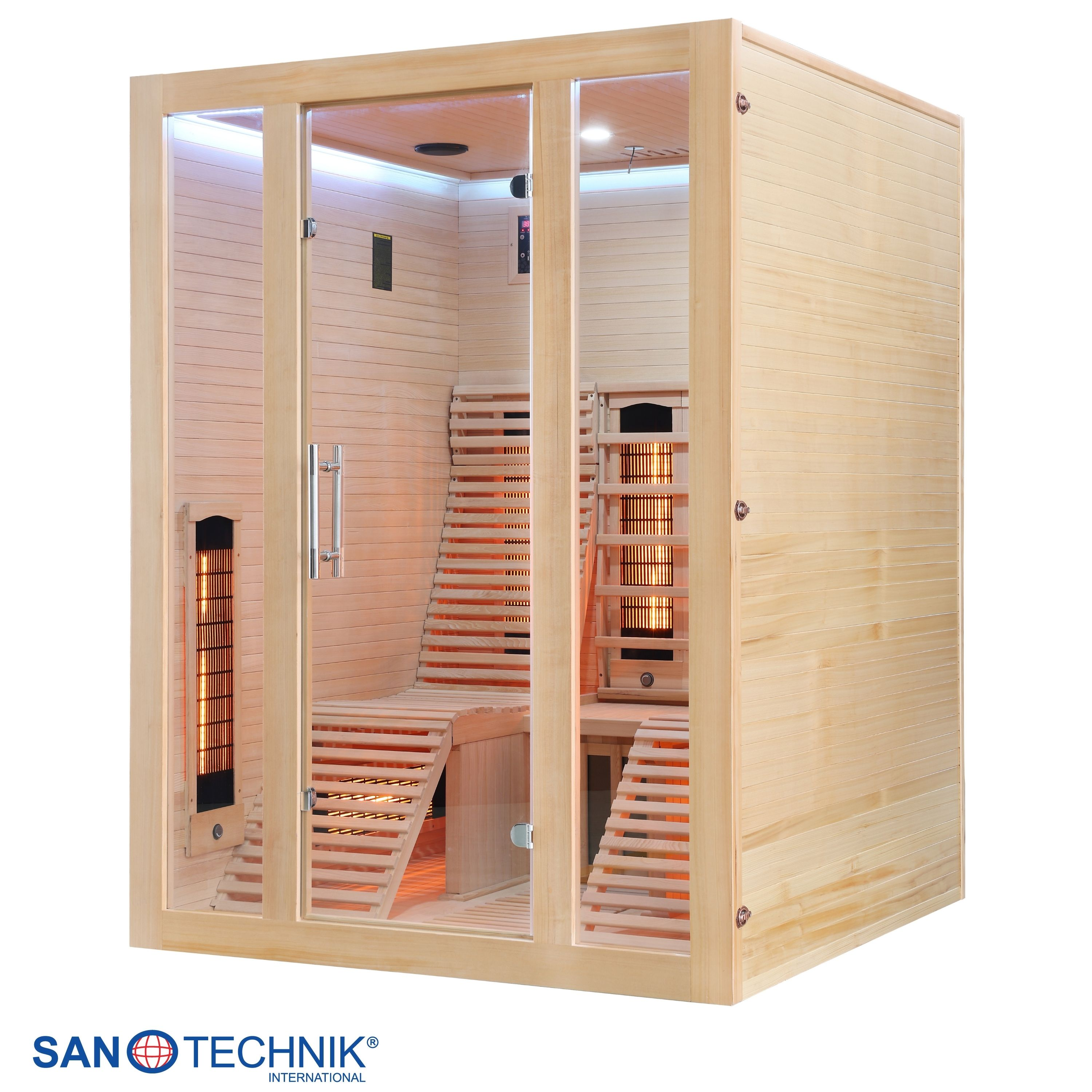 Eine Holzsauna mit Glastüren und Sitzbänken, innen beleuchtet.