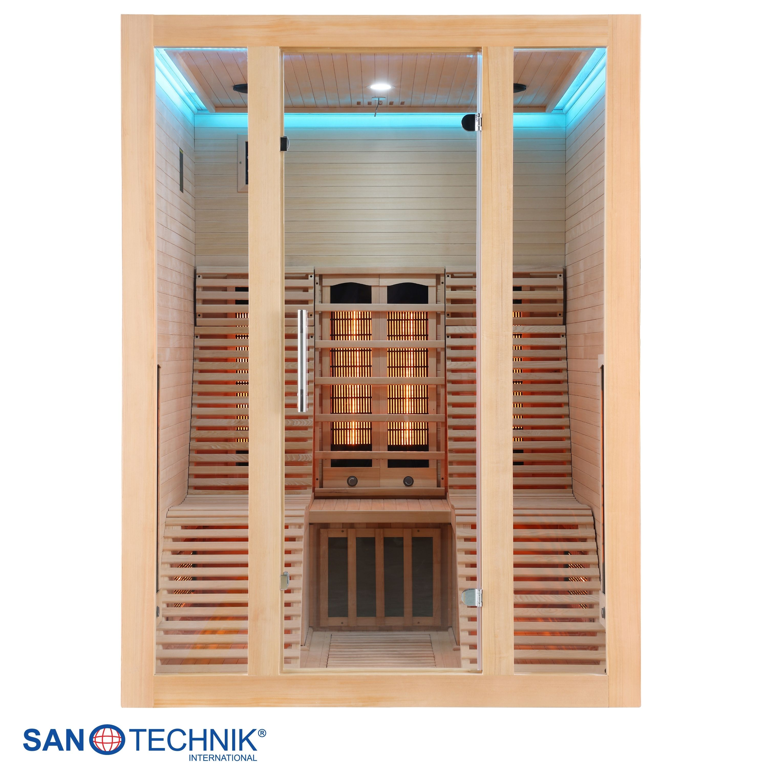Eine hölzerne Sauna mit Glasfront und blauer Beleuchtung.