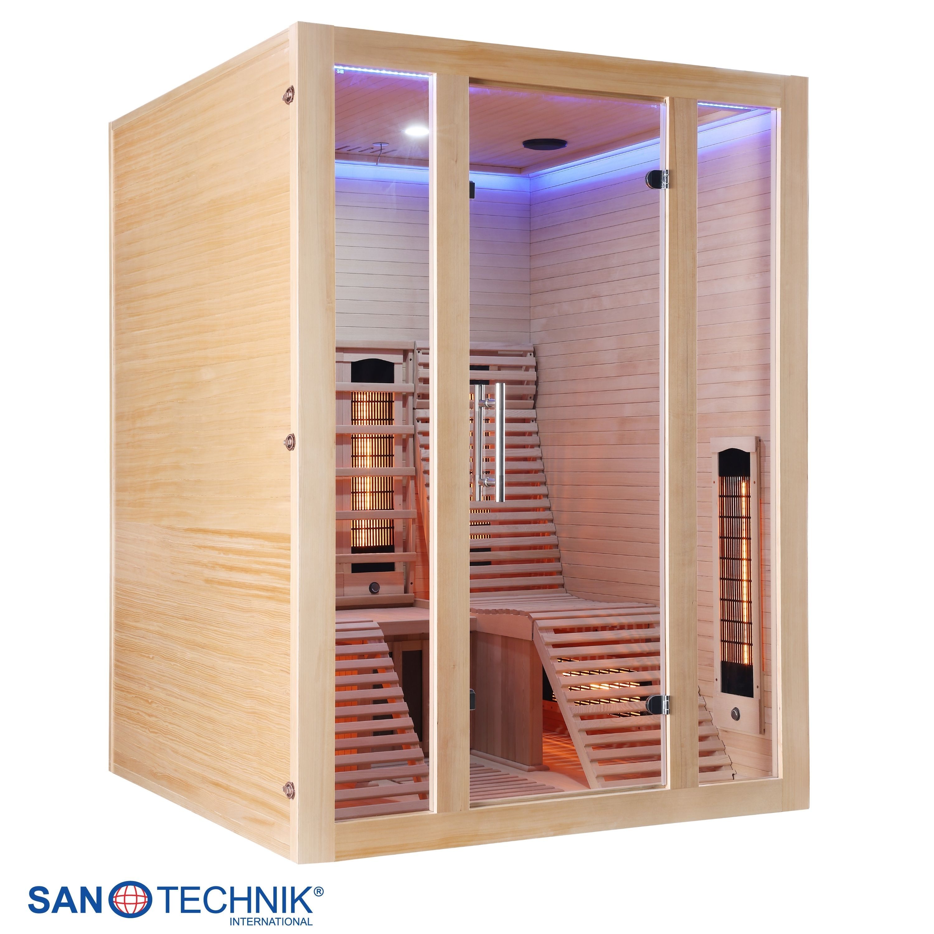 Eine Holzsauna mit Glastüren, Bänken und Infrarotheizungen. Lichter leuchten blau.