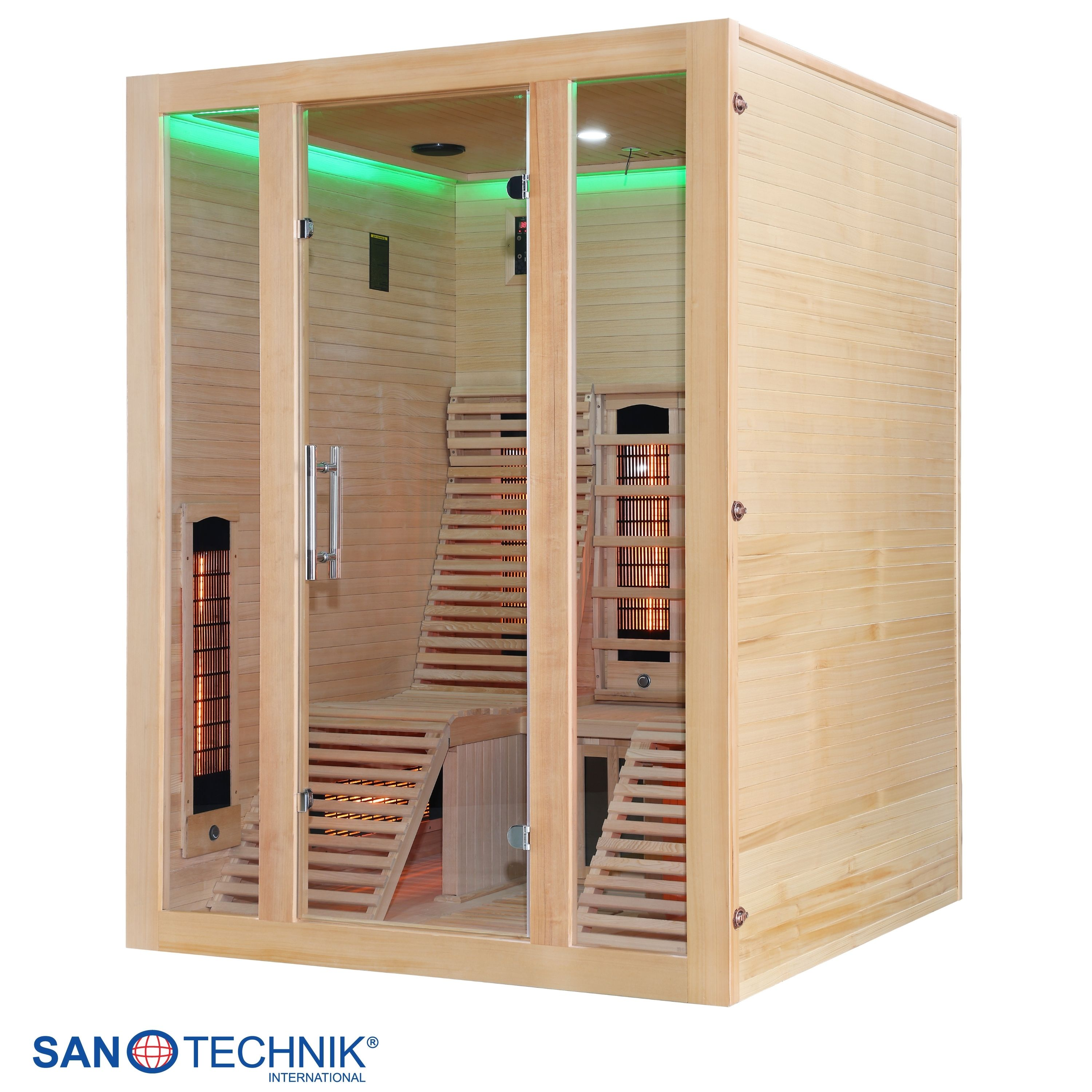 Eine Holzsauna mit Glastüren, Sitzbänken und Infrarotstrahlern.