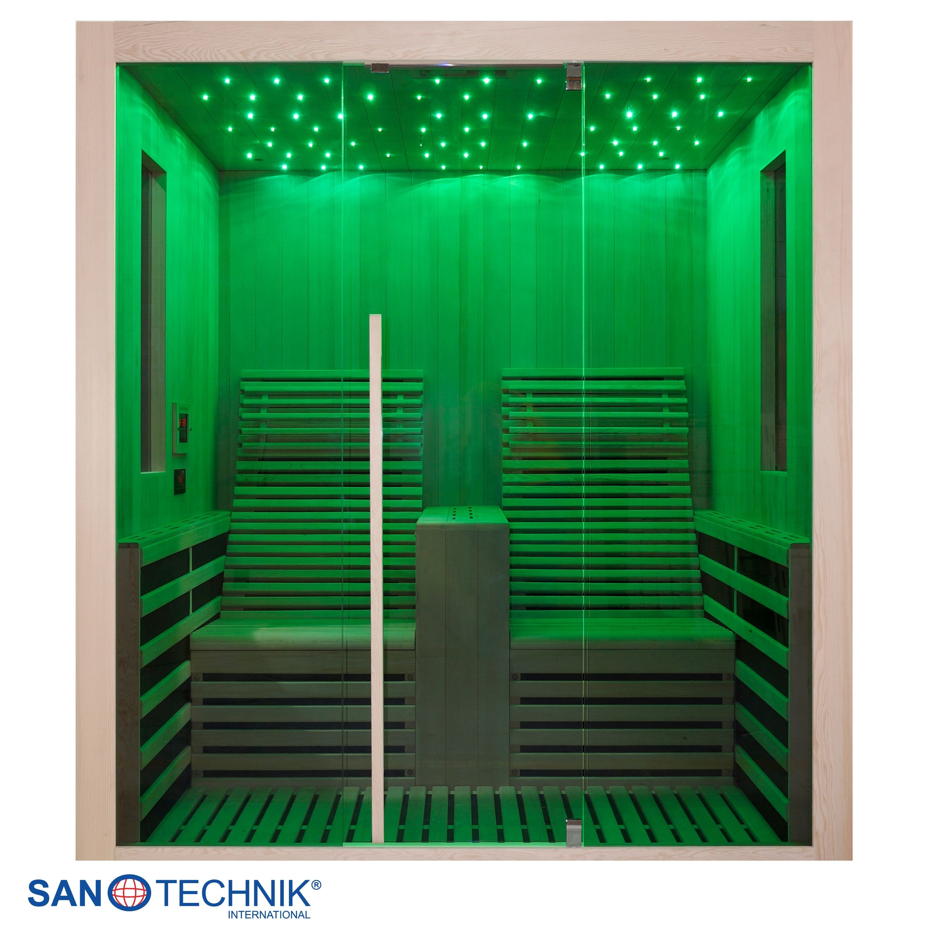 Eine grüne Sauna mit Holzbänken und Sternenlicht-Decke.