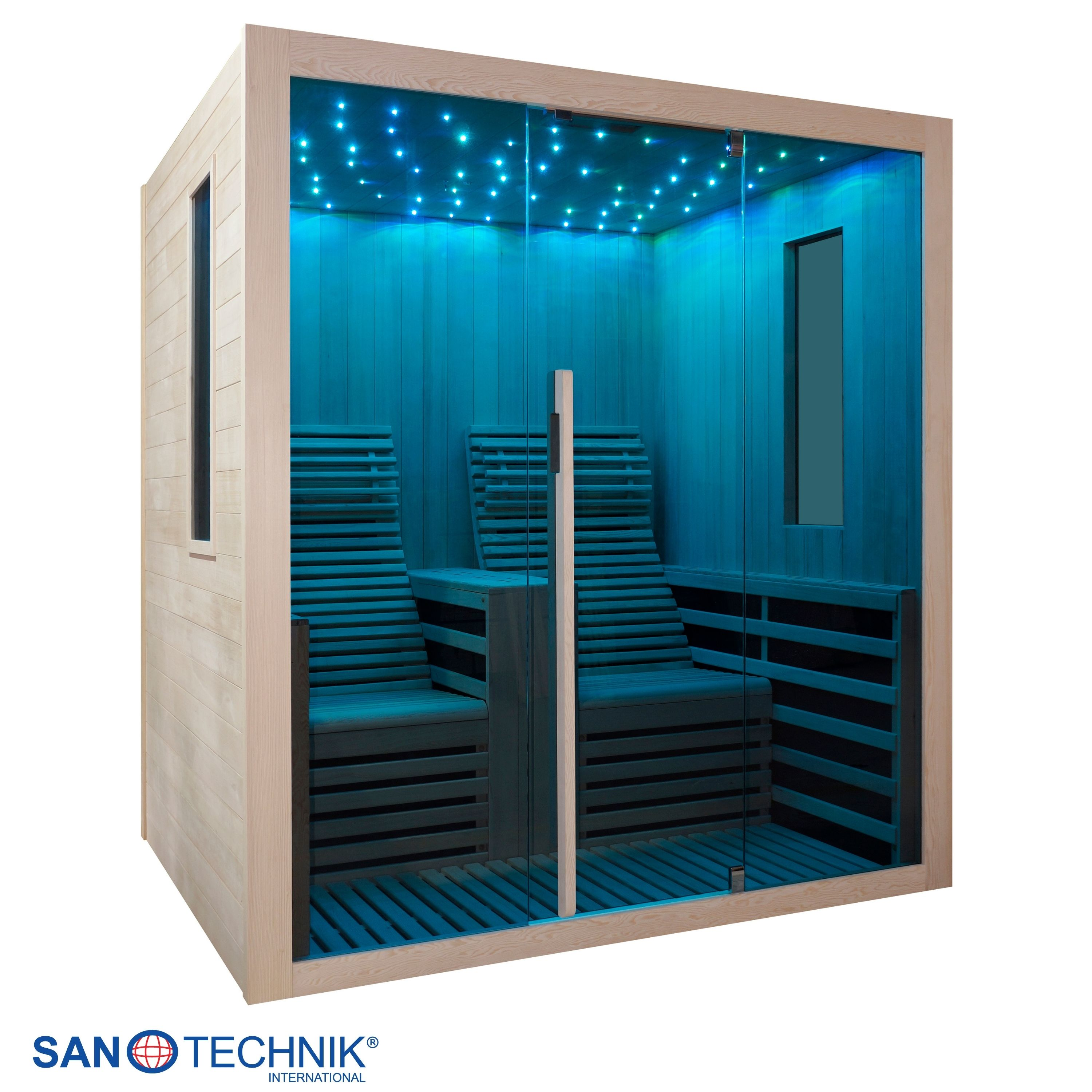 Eine moderne Sauna mit Holzakzenten, Glastür und blauer LED-Beleuchtung.