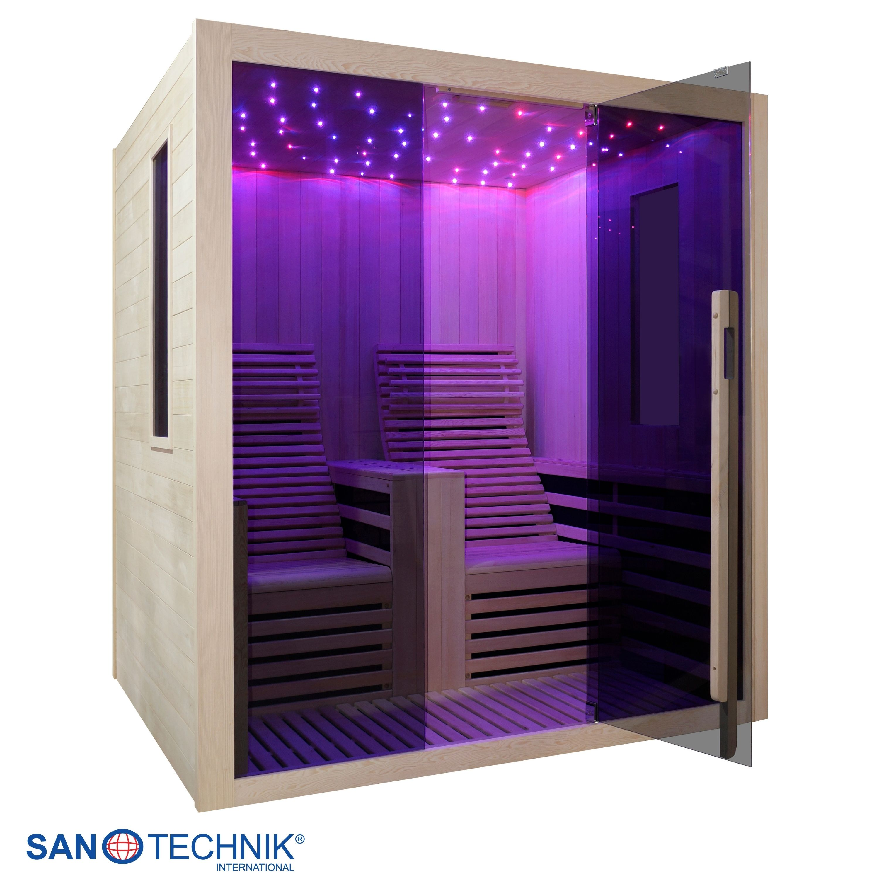 Eine Holzsauna mit Glastür, beleuchtet in Violett und Pink.