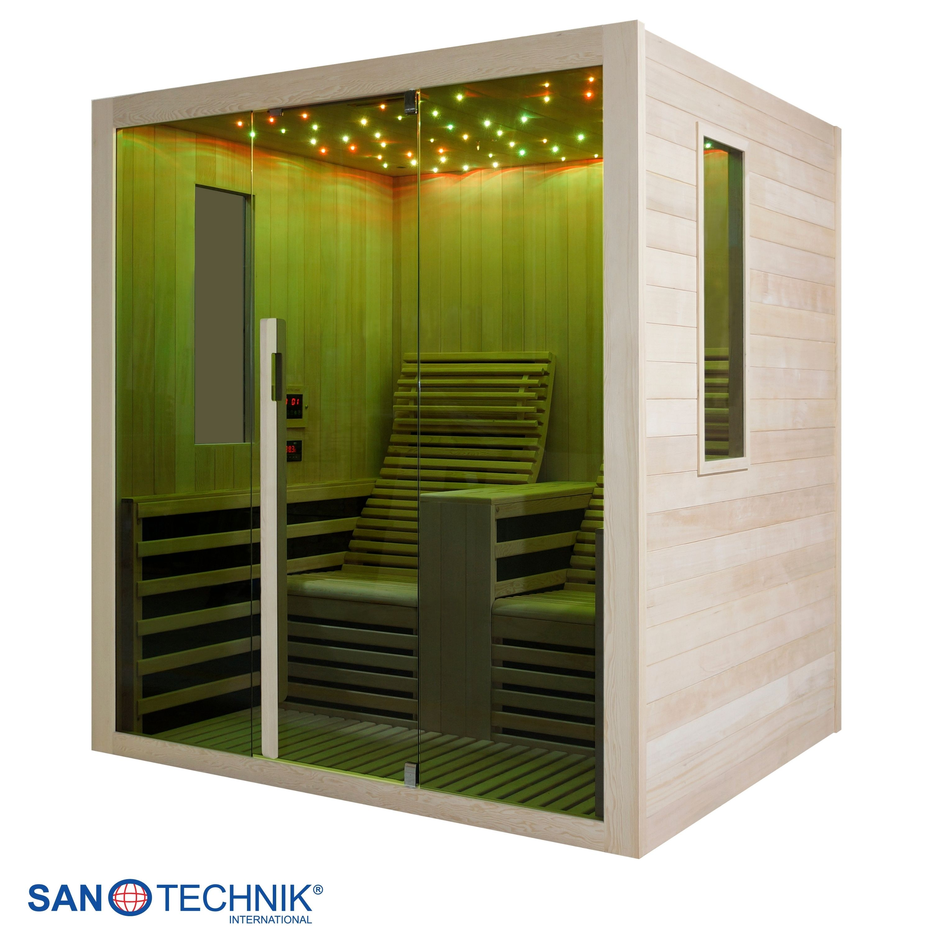 Eine Holzhüttensauna mit Glasfront, Holzbänken und bunten LED-Lichtern an der Decke.