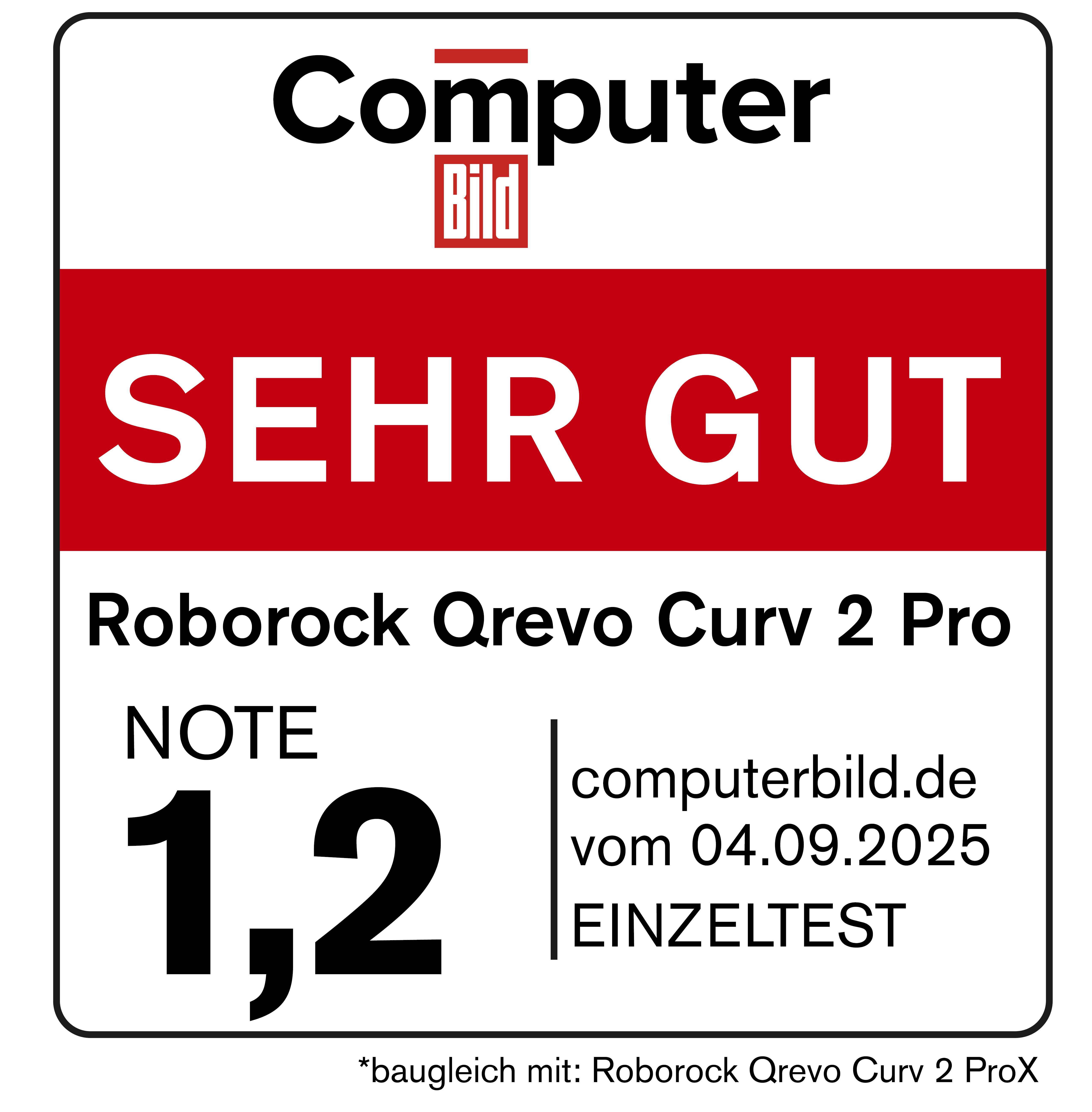 Computer Bild "Sehr Gut" Siegel für Roborock Qrevo Curv 2 Pro, Note 1,2.