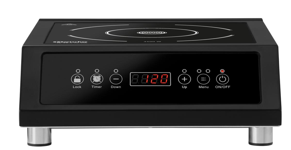 Schwarzer Induktionskochfeld mit digitaler Anzeige und Touch-Bedienelementen.
