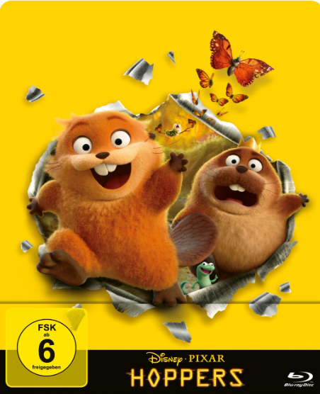 Zwei Erdhörnchen schauen durch ein gelbes Loch. Schmetterlinge fliegen.