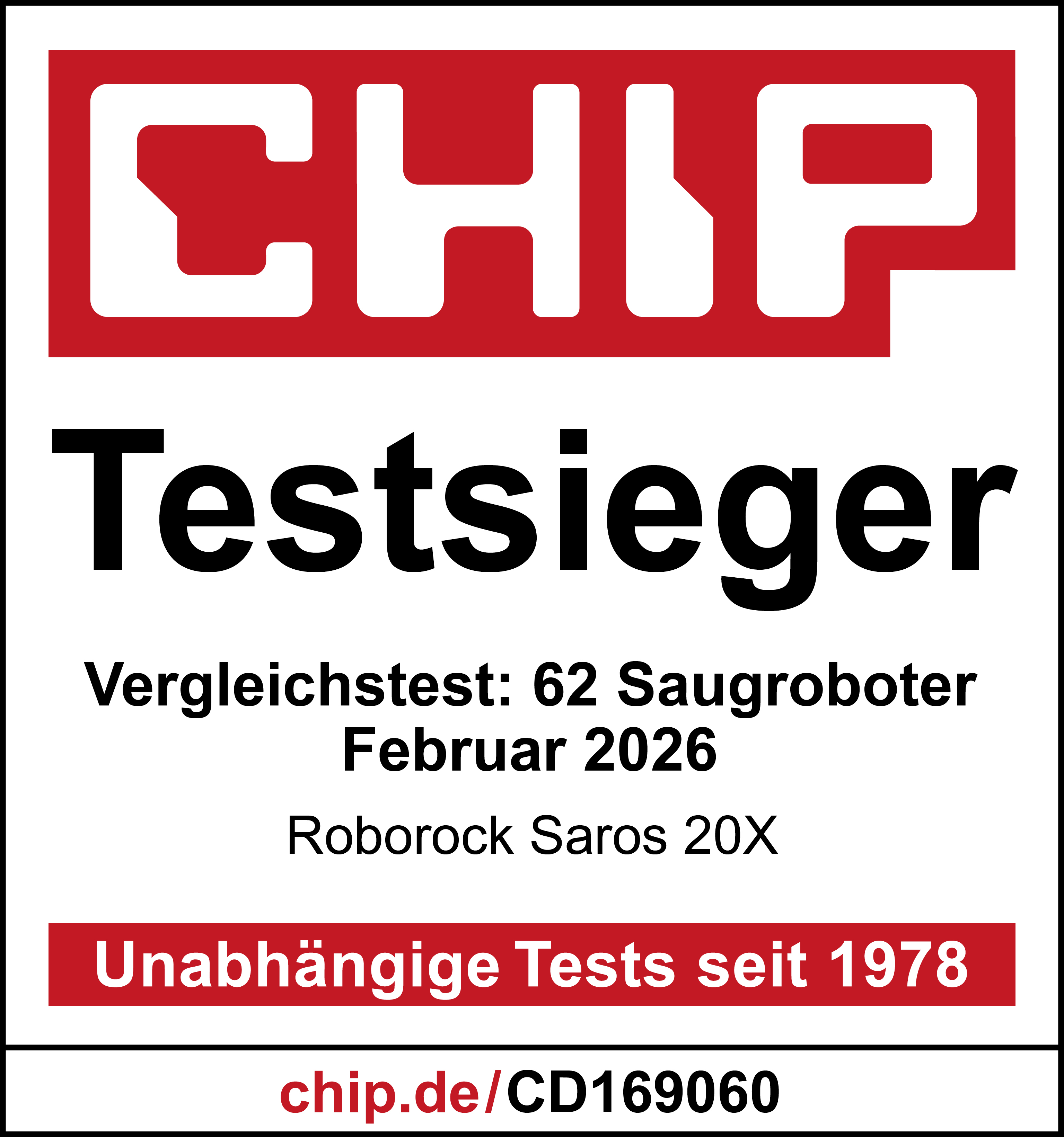 CHIP Testsieger: Roborock Saros 20X, bester Saugroboter, Feb 2026.