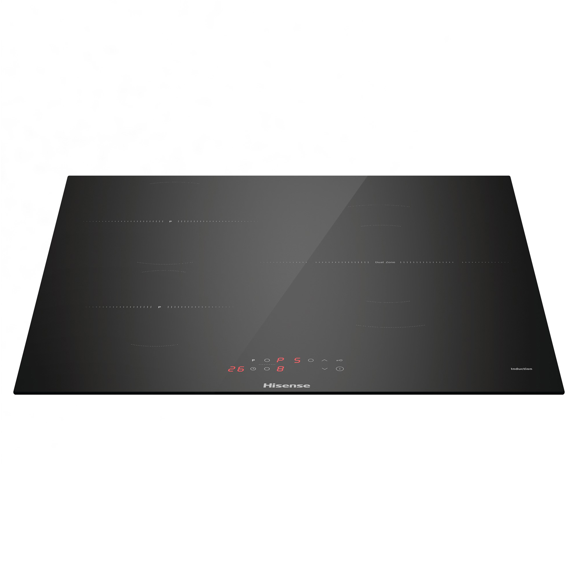Placa de inducción Hisense negra con pantalla digital y marcas de zona de cocción.