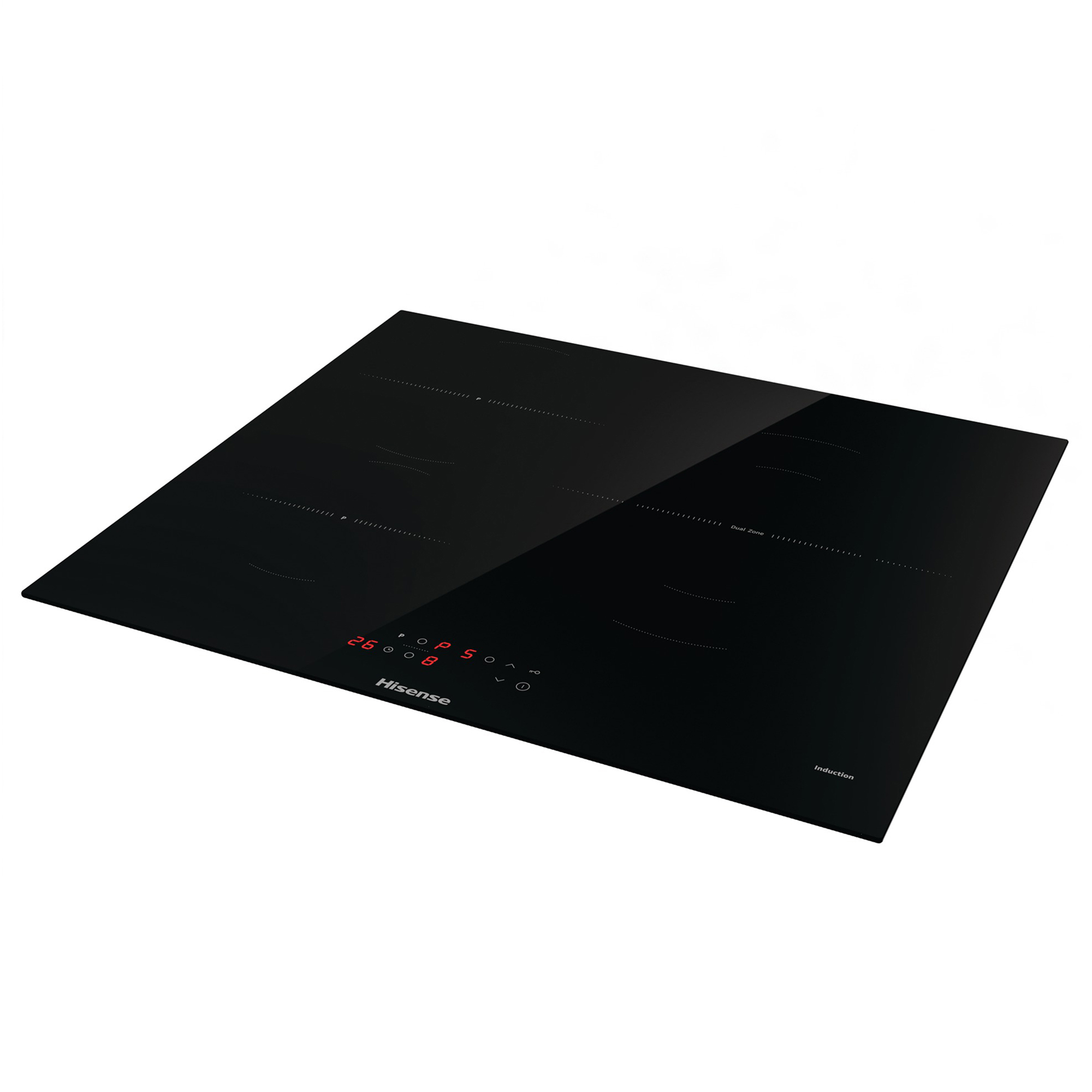 Placa de inducción Hisense negra con pantalla digital y zonas de cocción.