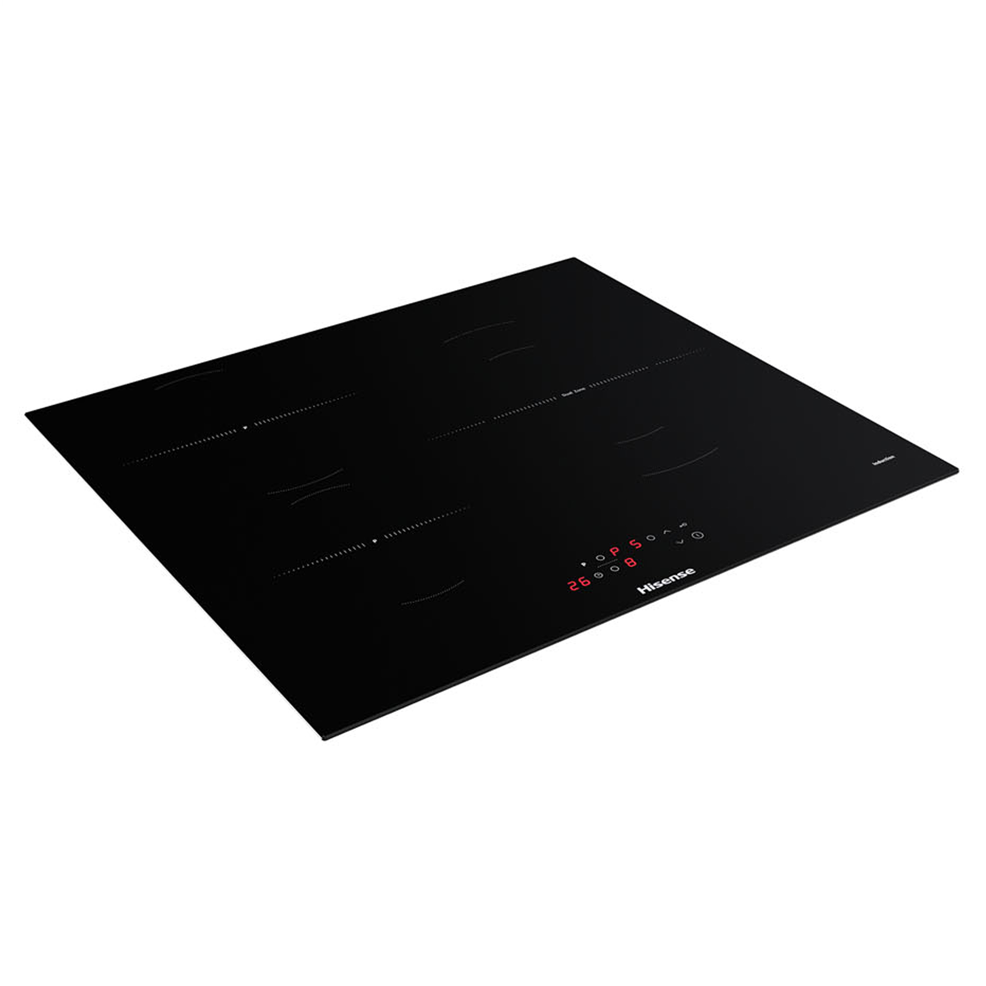 Una placa de inducción Hisense negra con pantalla digital y cuatro zonas de cocción.