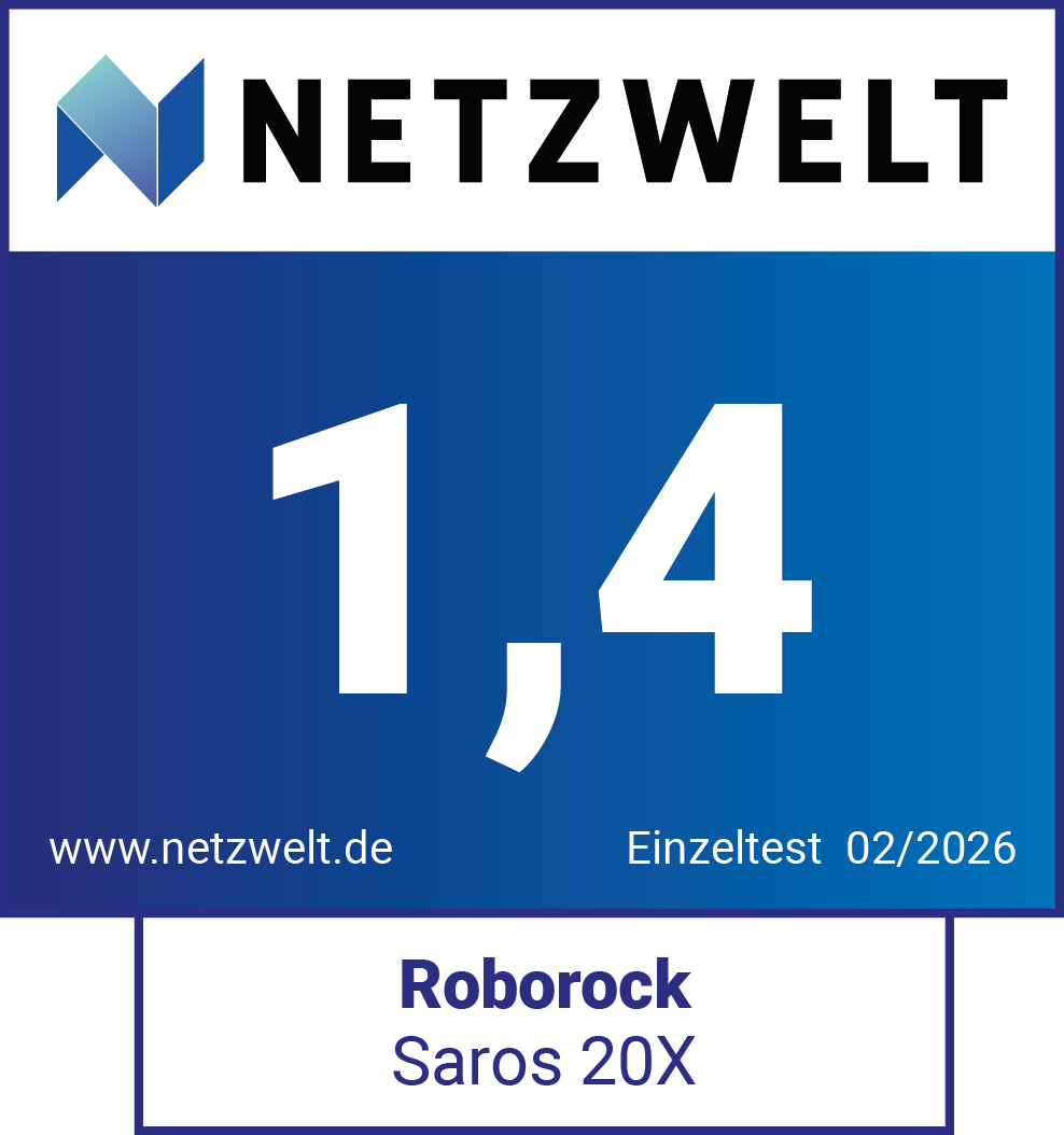 NETZWELT Logo mit Bewertung 1,4 für Roborock Saros 20X.