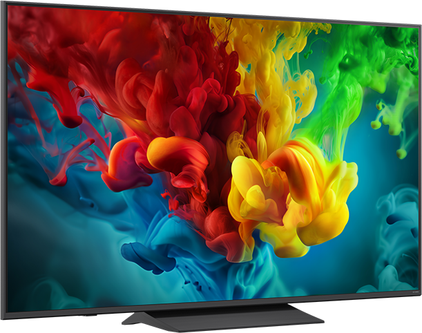Egy modern TV élénk, piros, sárga és zöld színű örvénylő képpel.