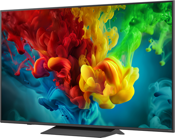 Egy modern TV élénk színű füstfelhők képet jelenít meg.