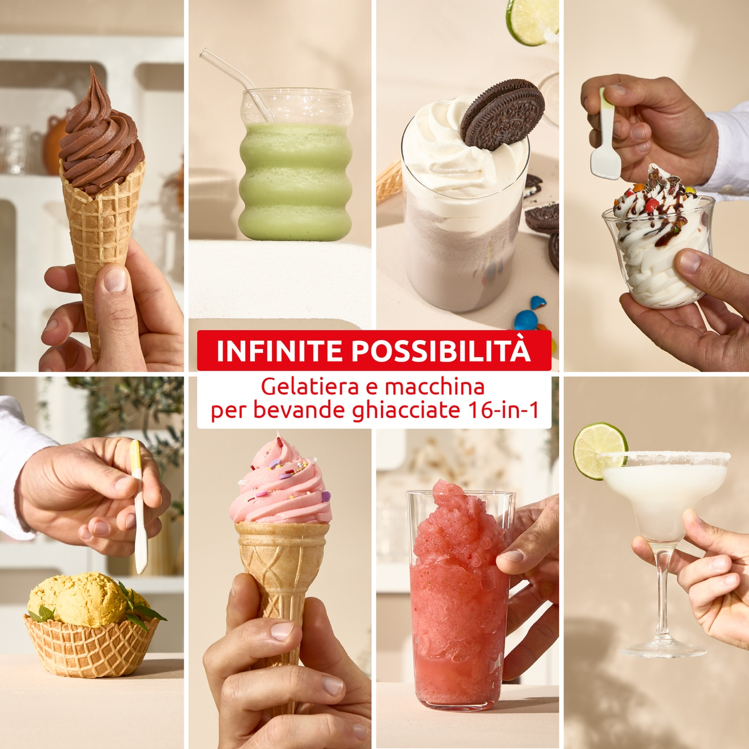Collage di dolci e bevande ghiacciate: cono cioccolato, bibita verde, milkshake, coppetta gelato, coppetta gelato, cono rosa, granita, margarita.