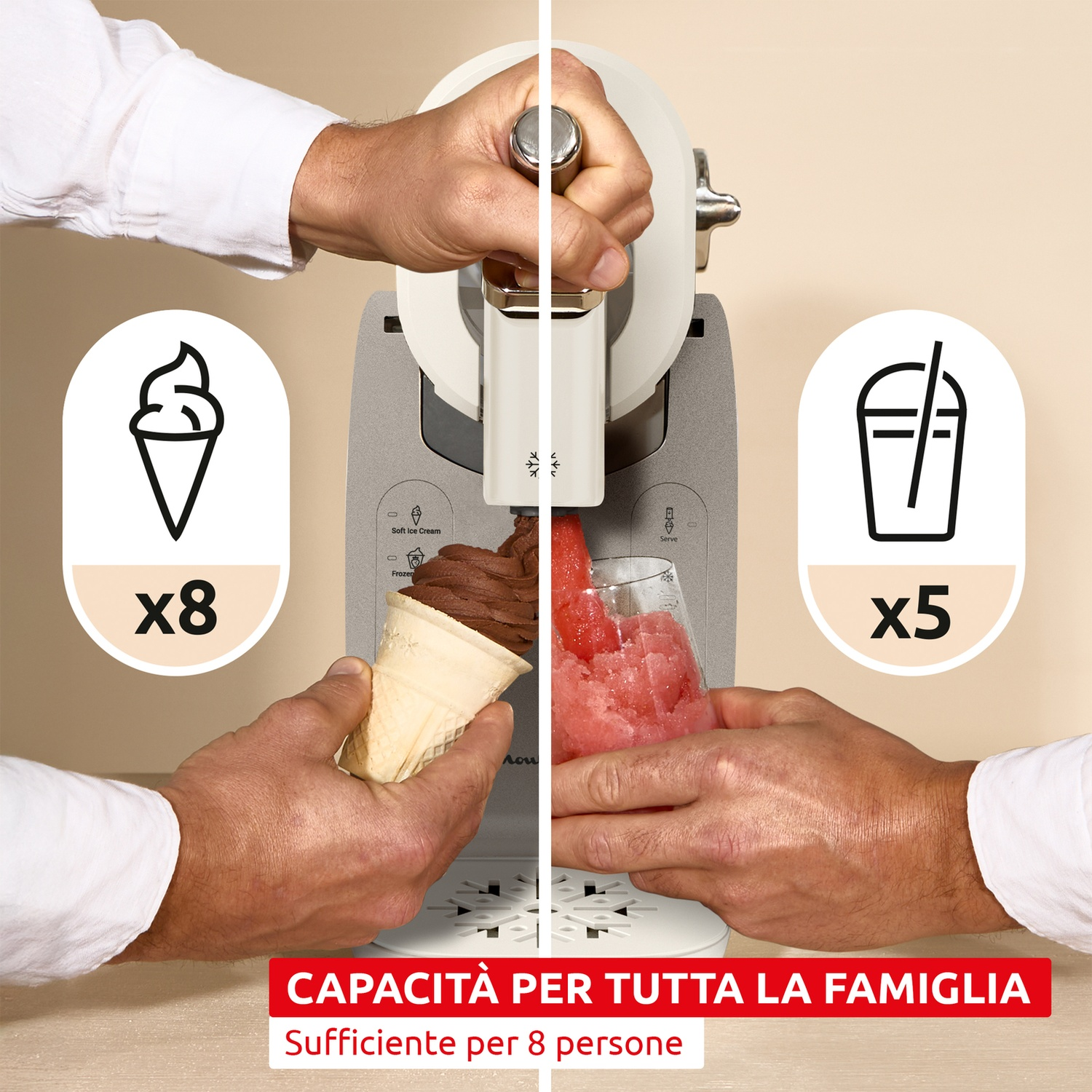Macchina per gelato e granite con mani che preparano gelato e granite.