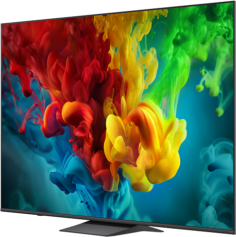 Egy modern TV élénk, absztrakt színfelhőket mutat piros, sárga és zöld színekben.