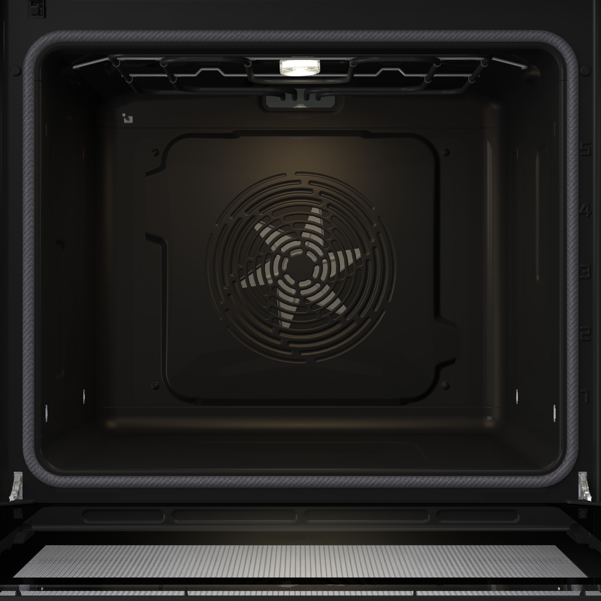 Interior de un horno oscuro con ventilador, luz y guías de rejilla.