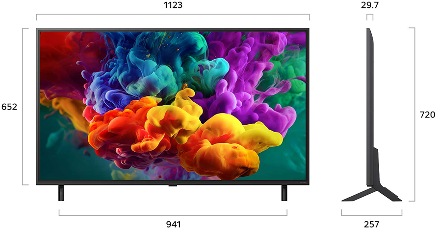 Modern TV színes füstfelhőkkel a képernyőn, méretekkel feltüntetve.