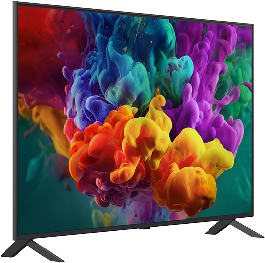 Egy modern televízió élénk, absztrakt, színes tintafröccsenős képernyővédővel.
