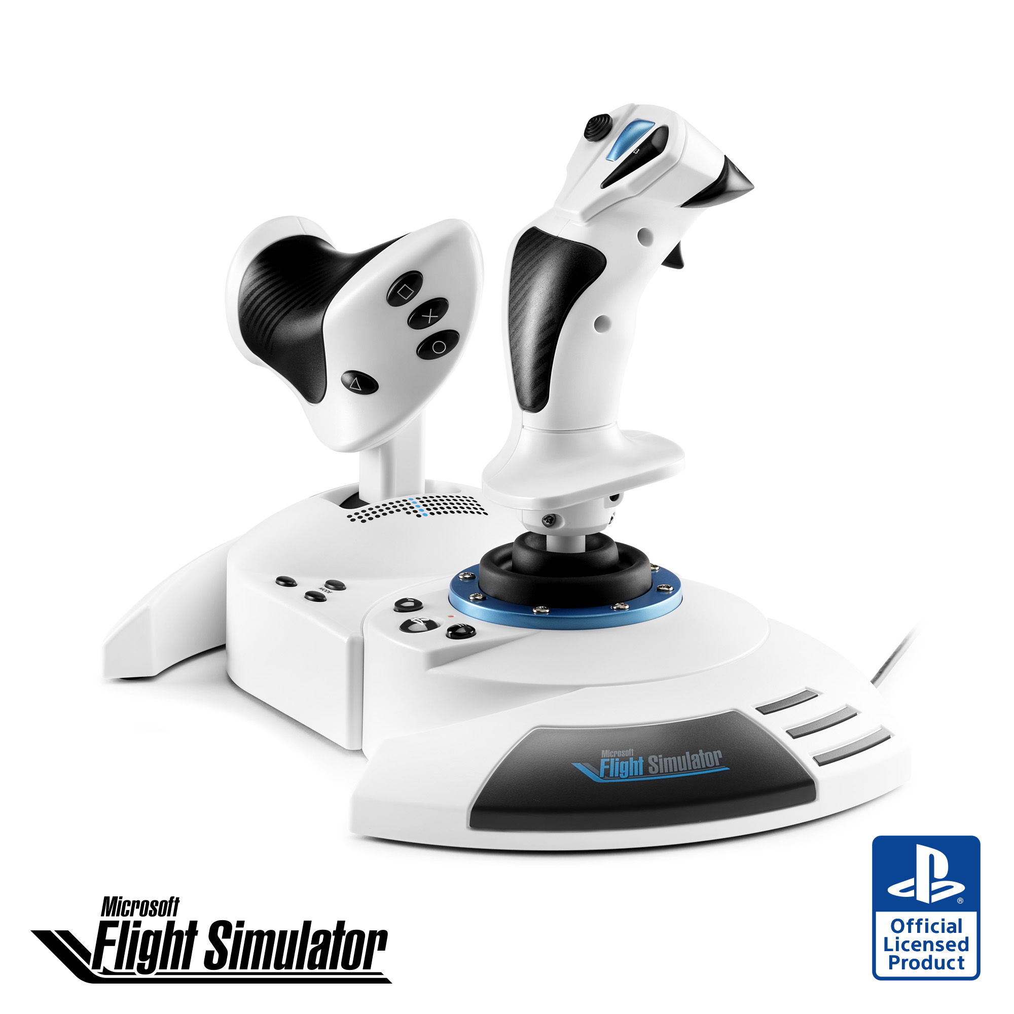 Un joystick blanc pour simulateur de vol avec deux manettes et des boutons sur fond blanc.