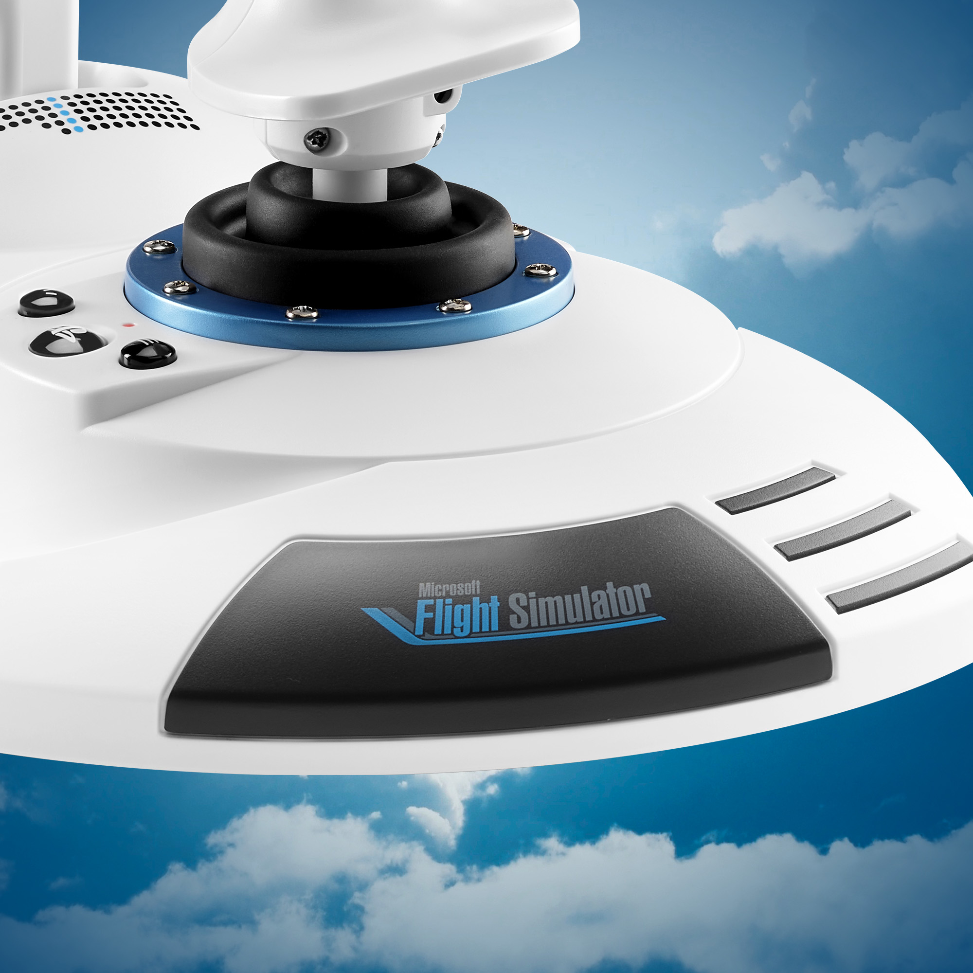 Un joystick blanc avec des accents bleus et le logo Microsoft Flight Simulator.