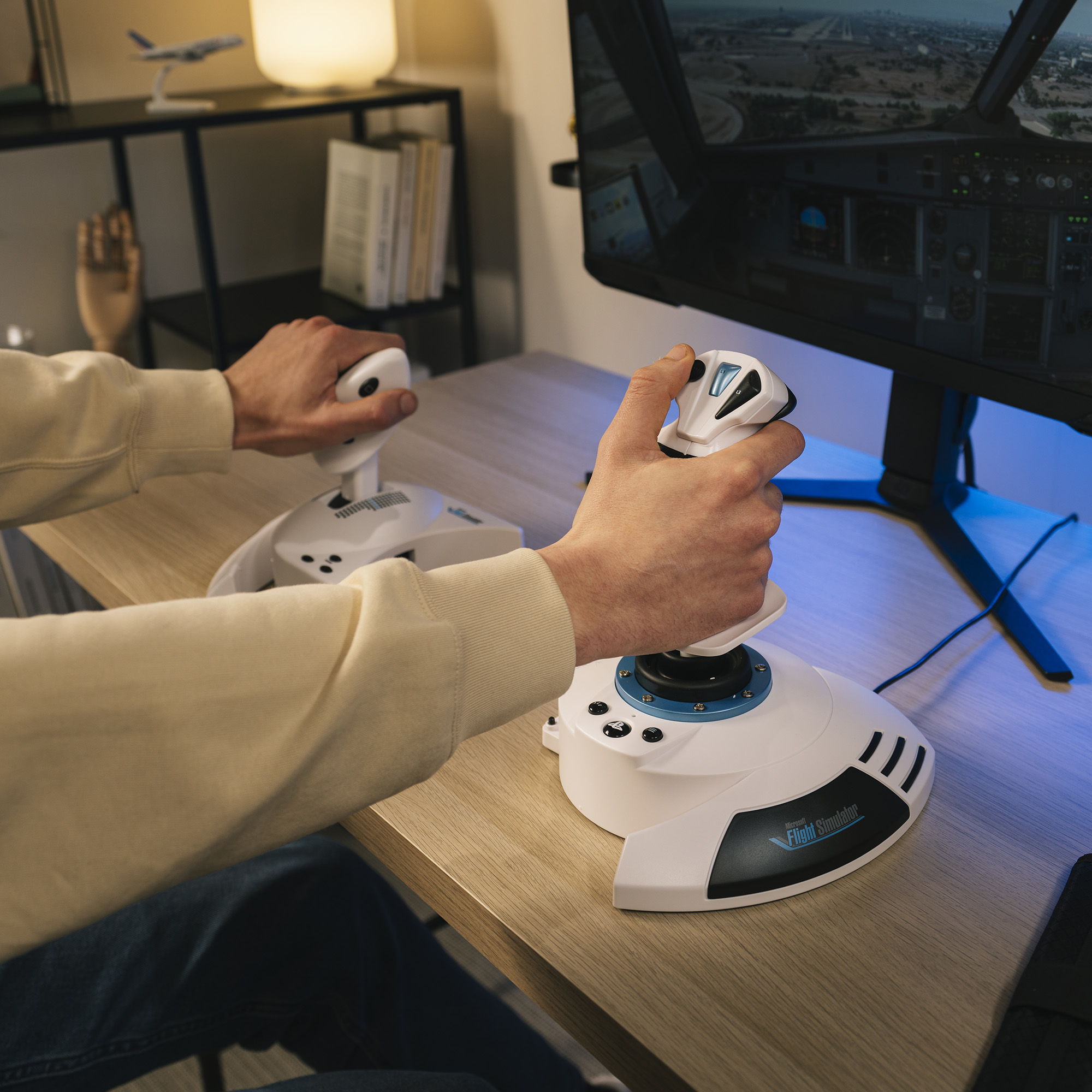 Mains sur des joysticks de simulateur de vol devant un écran affichant une vue de cockpit.
