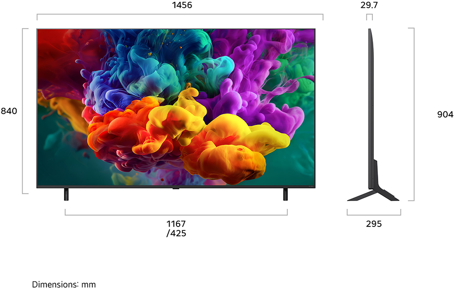 Egy 1456 mm széles TV színes füstöt mutat, 840 mm magas, 29.7 mm mély.