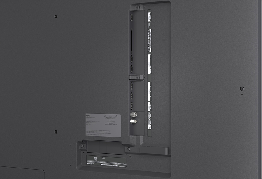 TV hátulja csatlakozókkal: HDMI, USB, LAN, antenna.