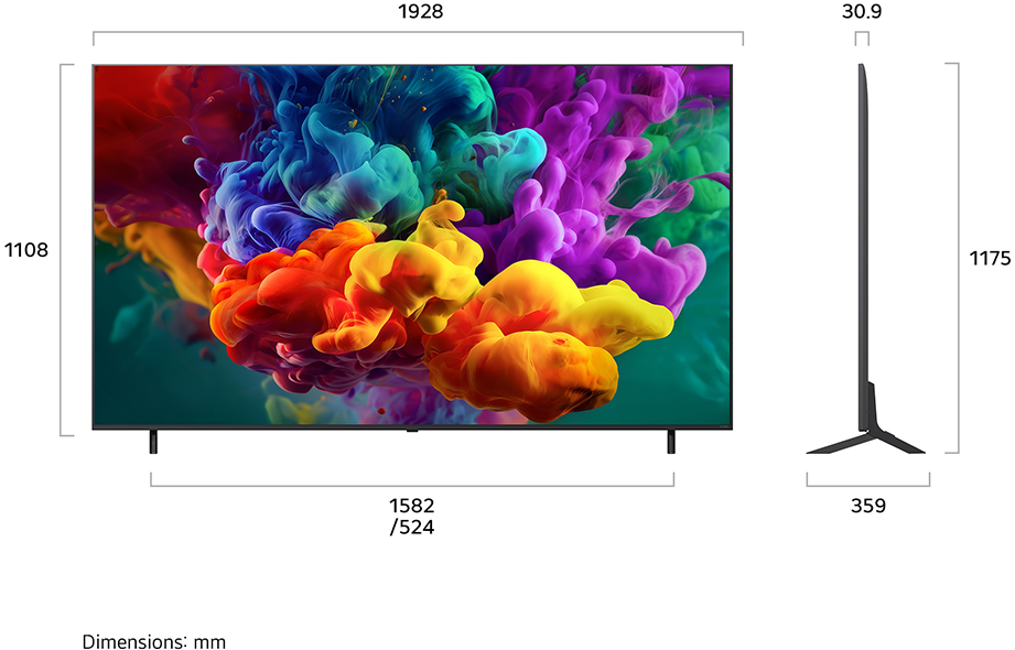 Egy modern TV színes füstfelhőkkel, méretekkel jelölve.