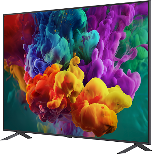 Egy modern TV élénk, füstszerű színeket mutat: piros, narancs, sárga, kék és lila.