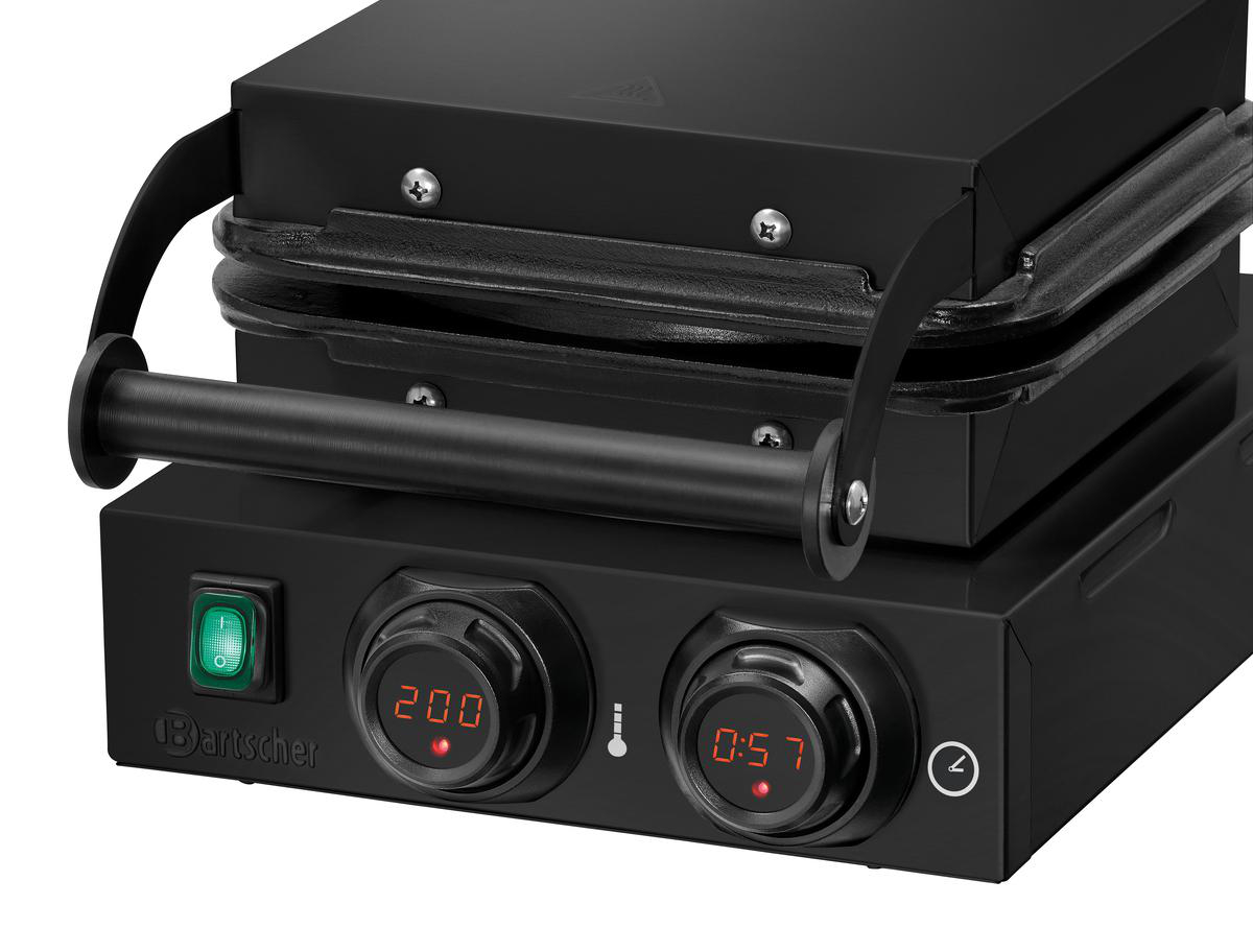 Schwarzer Bartscher Panini-Grill mit digitaler Temperaturanzeige 200 und Timer 0:57.