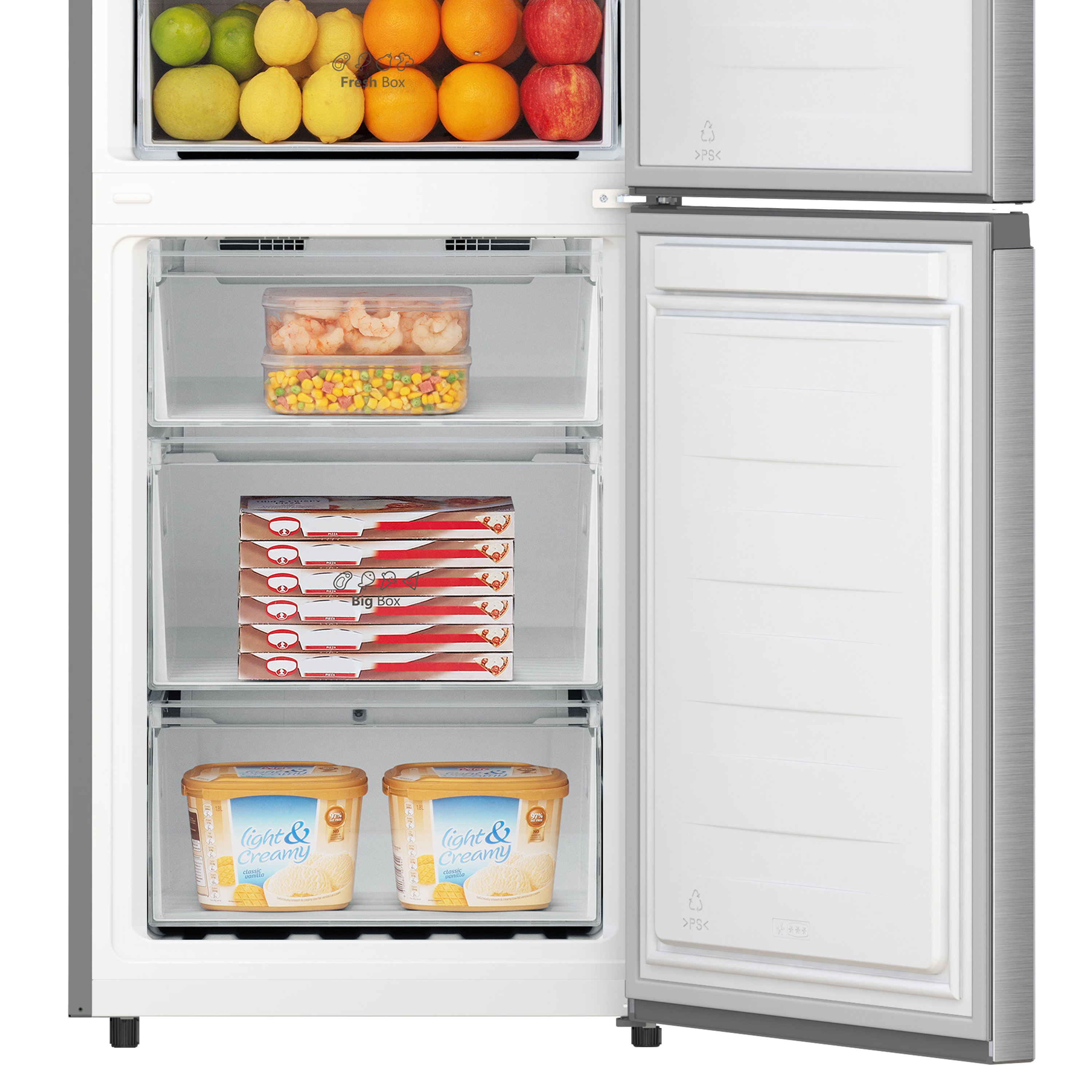 Interior de refrigerador con frutas, camarones, cajas de pizza y helado.