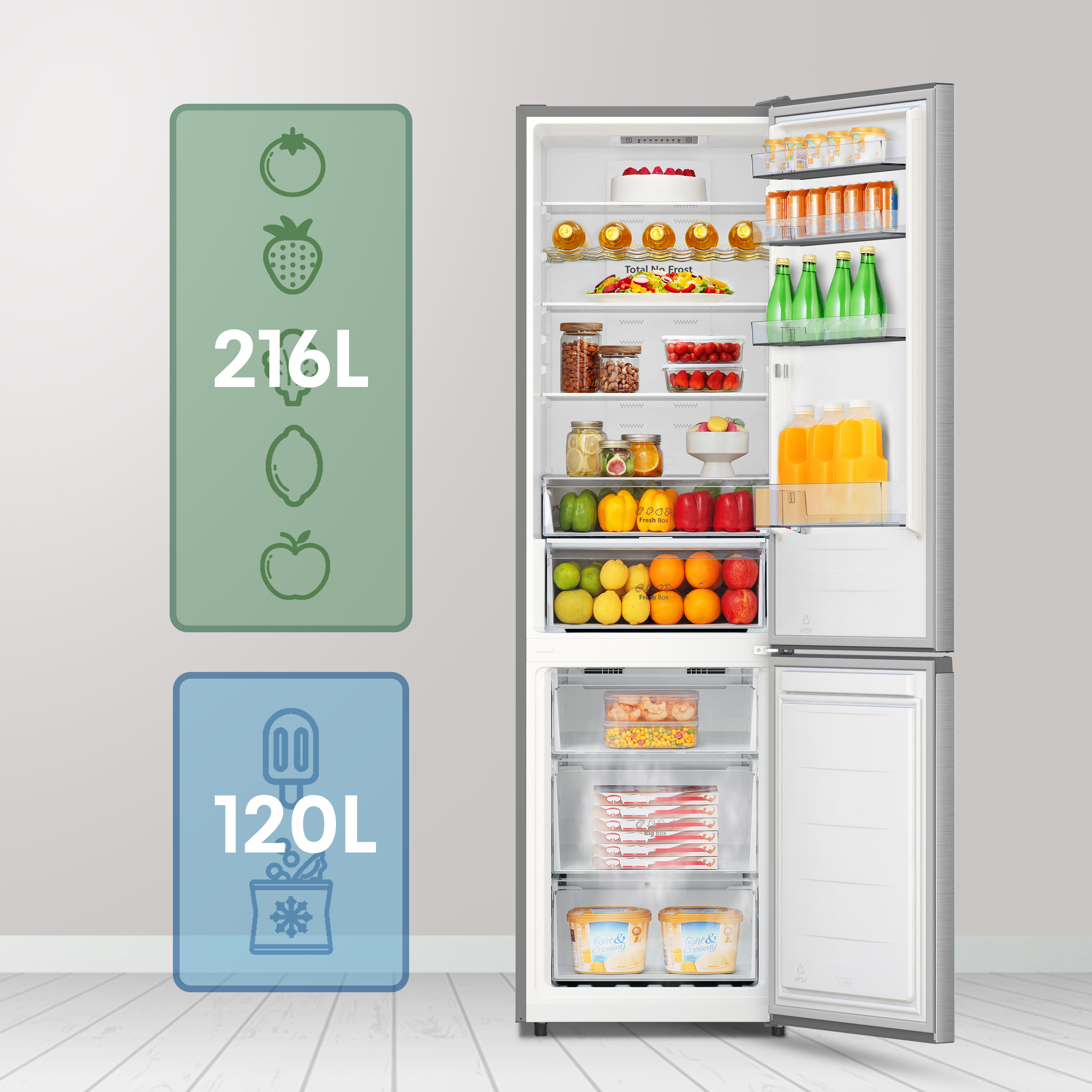 Un refrigerador abierto que muestra alimentos y compartimentos etiquetados 216L y 120L.