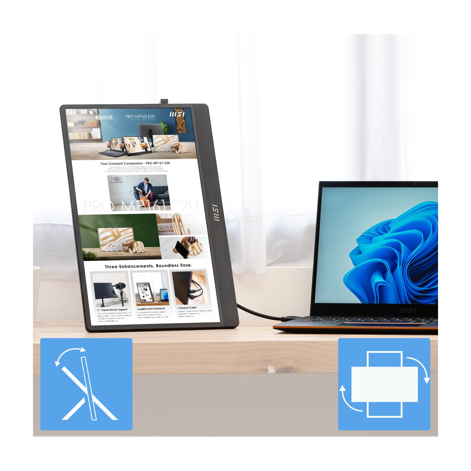 Un monitor portatile accanto a un laptop, che pubblicizza presentazioni.