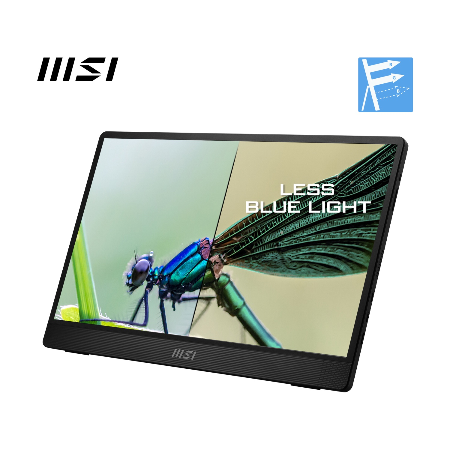 Un monitor MSI portatile con un'immagine di una libellula e testo 'Less Blue Light'.