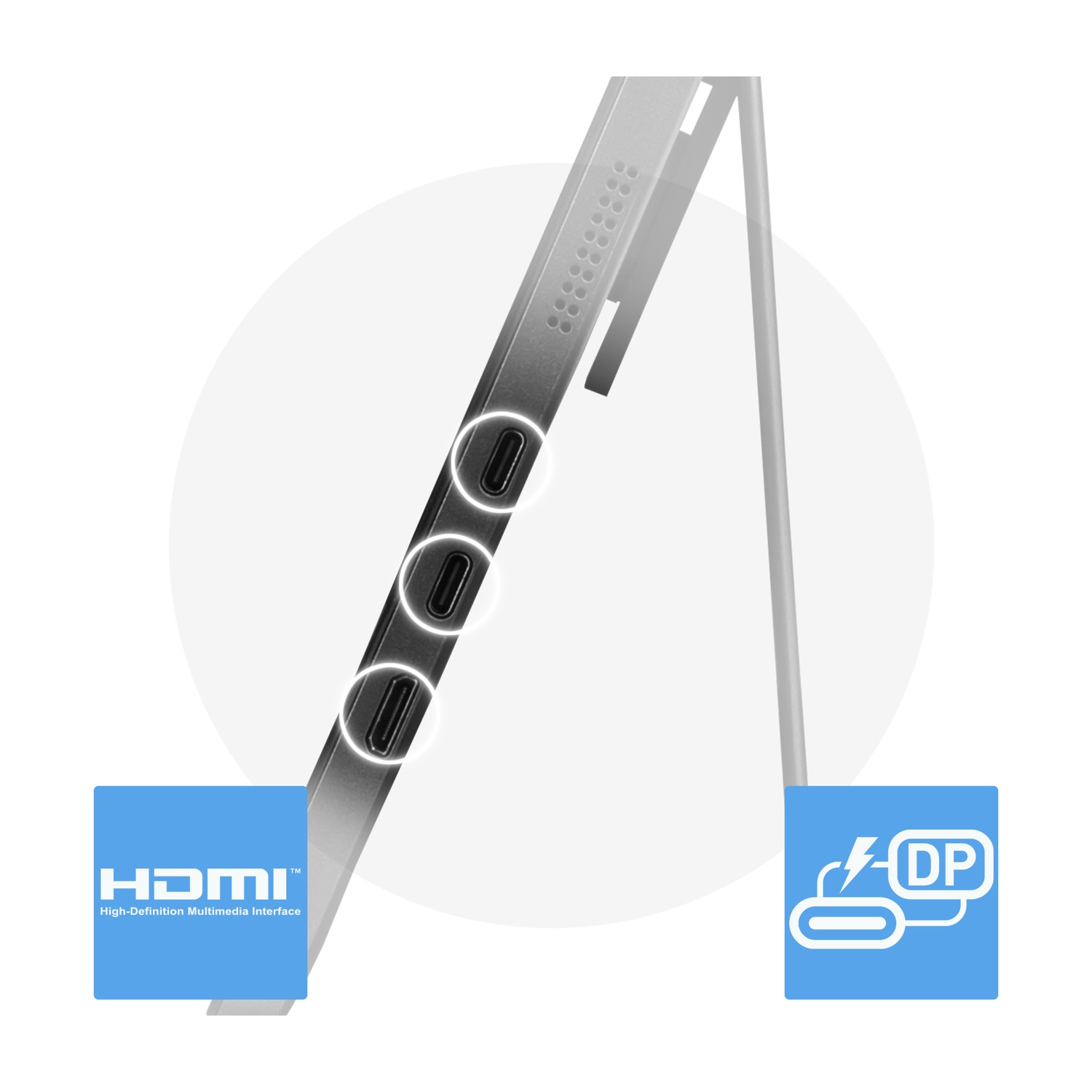 Un laptop con tre porte USB-C e connessioni HDMI/DP.