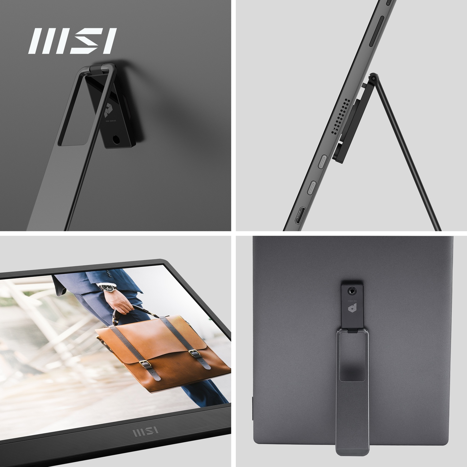 Logo MSI, supporto integrato, vista laterale di un laptop e retro di un dispositivo.