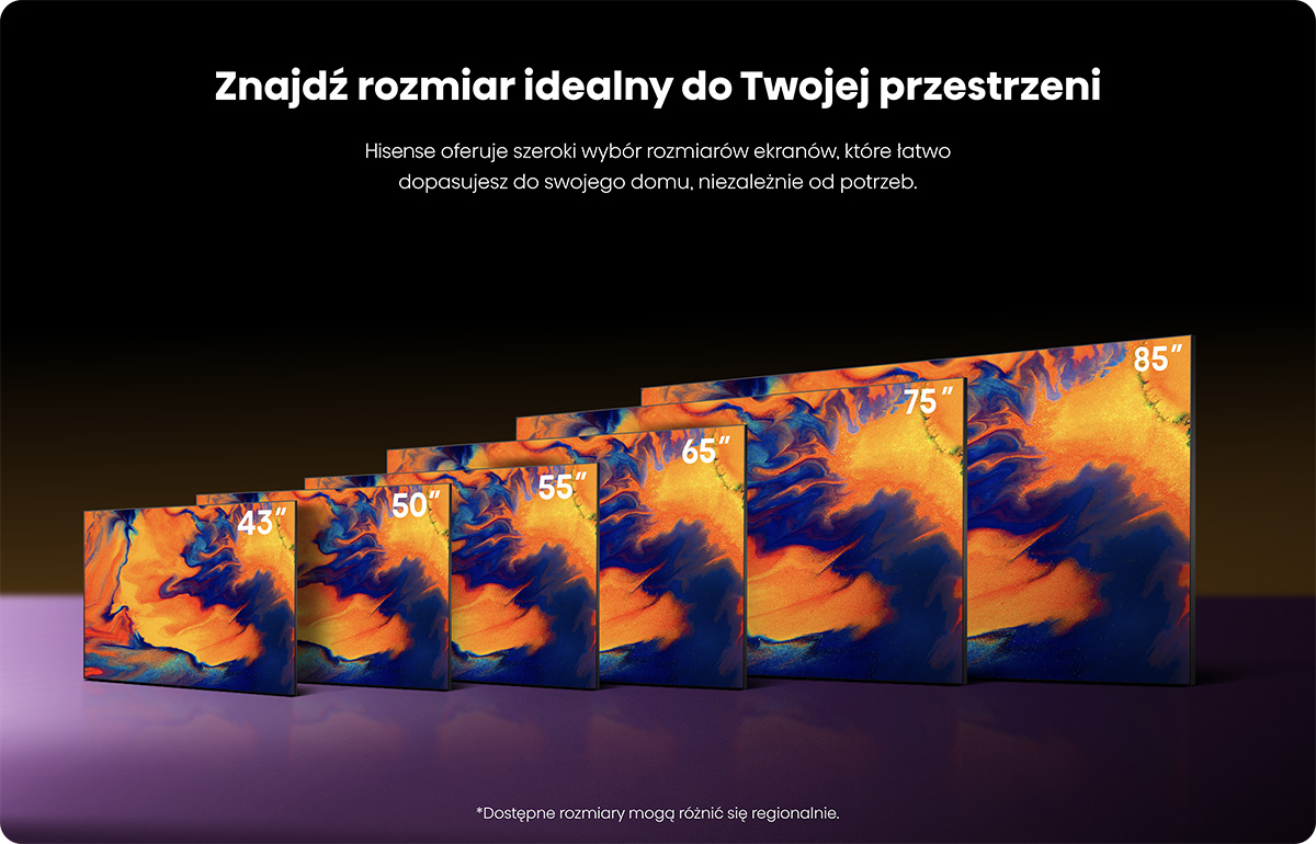 Kilka telewizorów Hisense w różnych rozmiarach z abstrakcyjnymi obrazami.