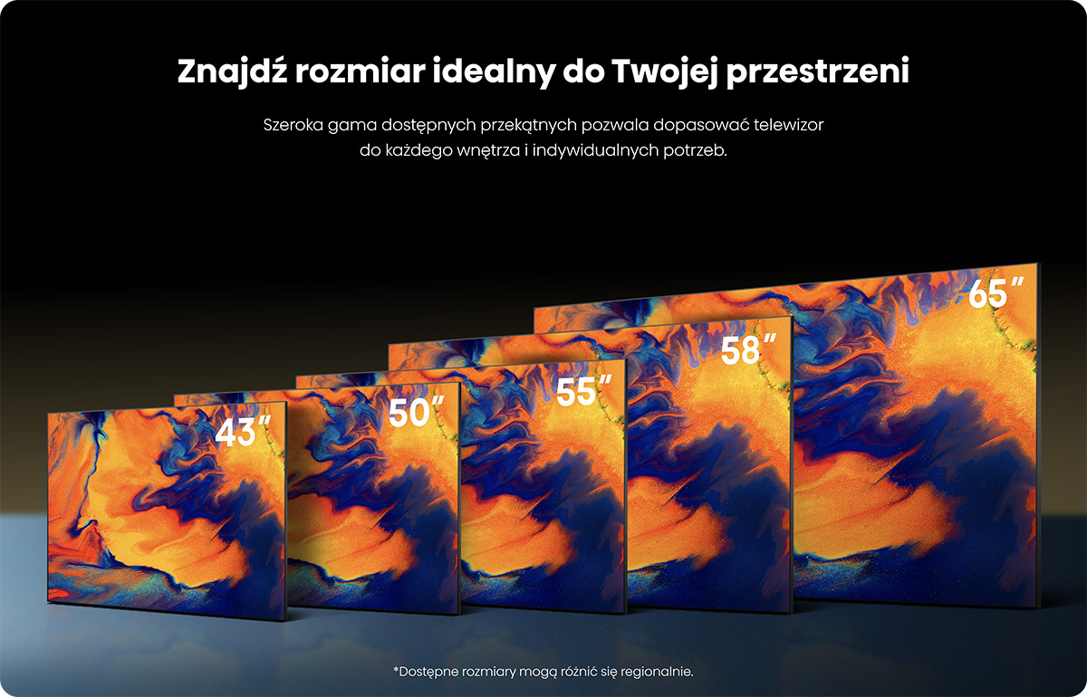 Pięć telewizorów o różnych rozmiarach z abstrakcyjnym tłem.