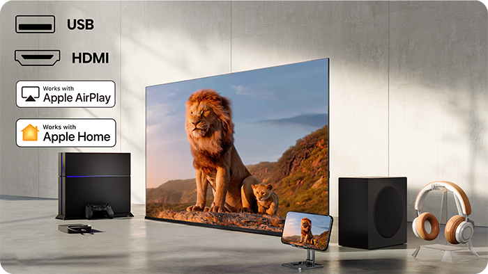 Telewizor z lwami, konsola do gier, subwoofer, słuchawki i loga Apple AirPlay/Home.