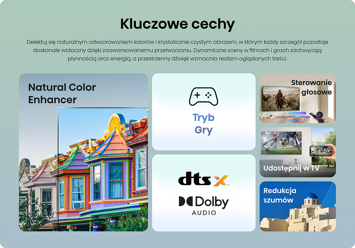 Funkcje TV: Wzmacniacz Naturalnych Kolorów, Tryb Gry, Sterowanie Głosowe, Udostępnij w TV.