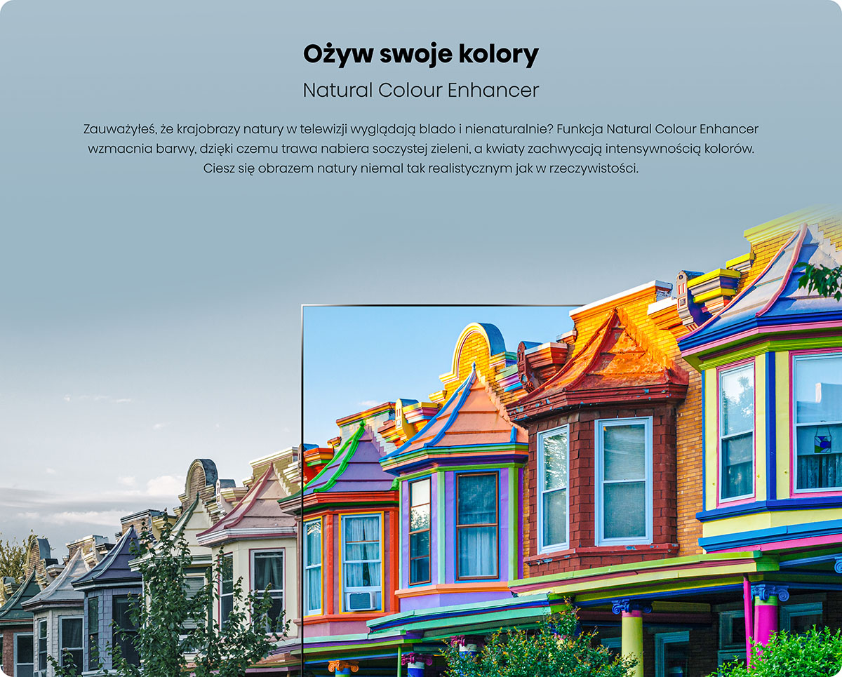 Kolorowe fasady domów wyświetlane są na ekranie telewizora.