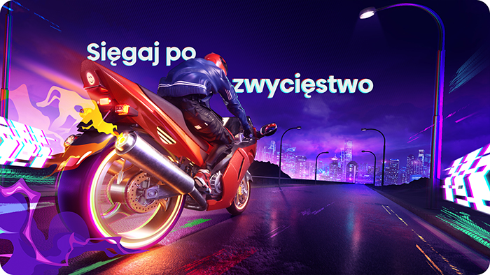Mężczyzna jedzie czerwonym motocyklem przez neonowe miasto nocą.