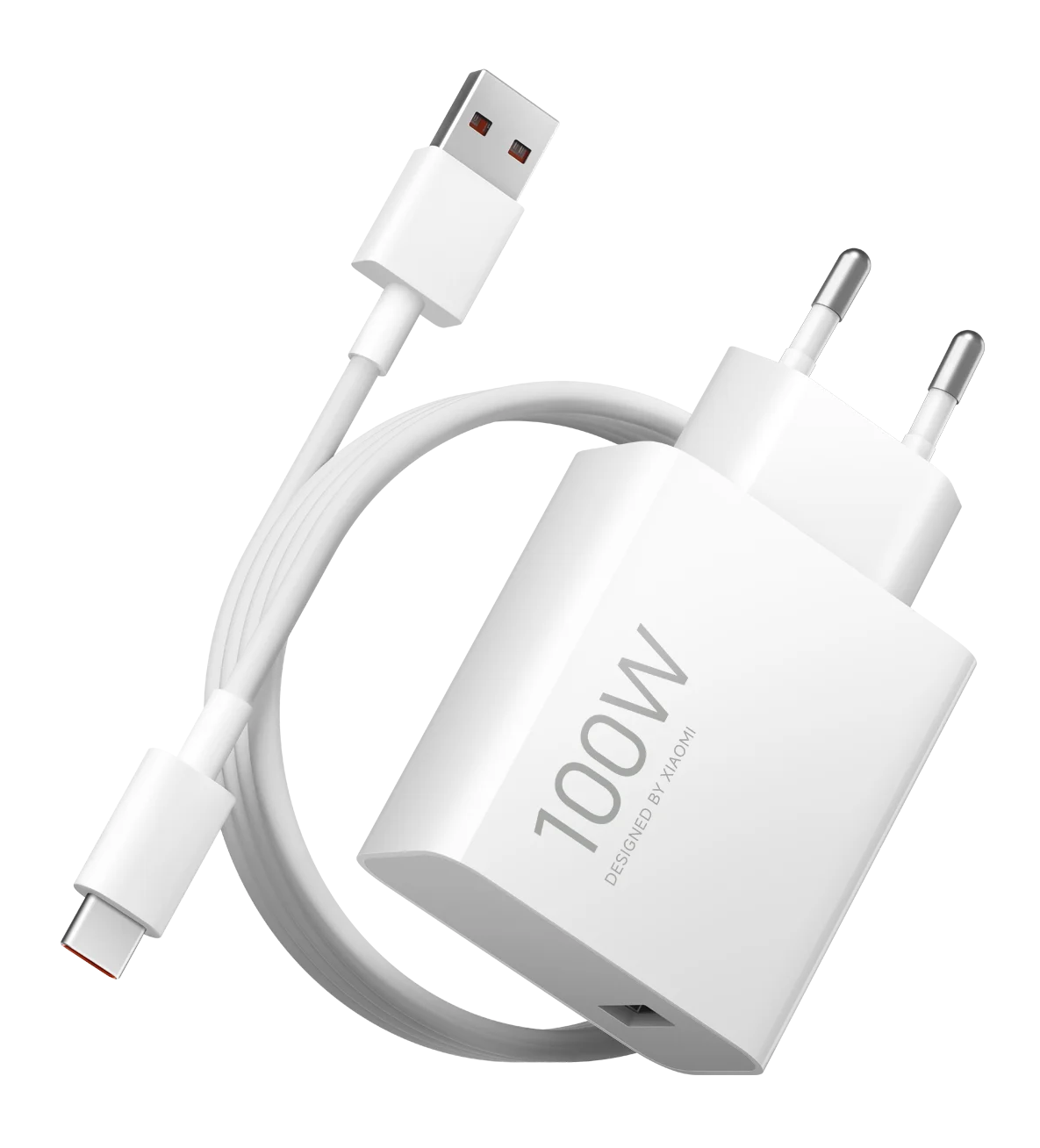 Biała ładowarka Xiaomi 100W z kablem USB-C i złączem USB-A.