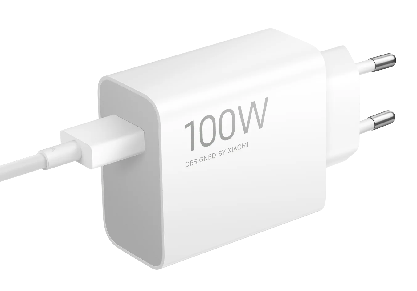 Biała ładowarka Xiaomi 100W z kablem USB i wtyczką EU.