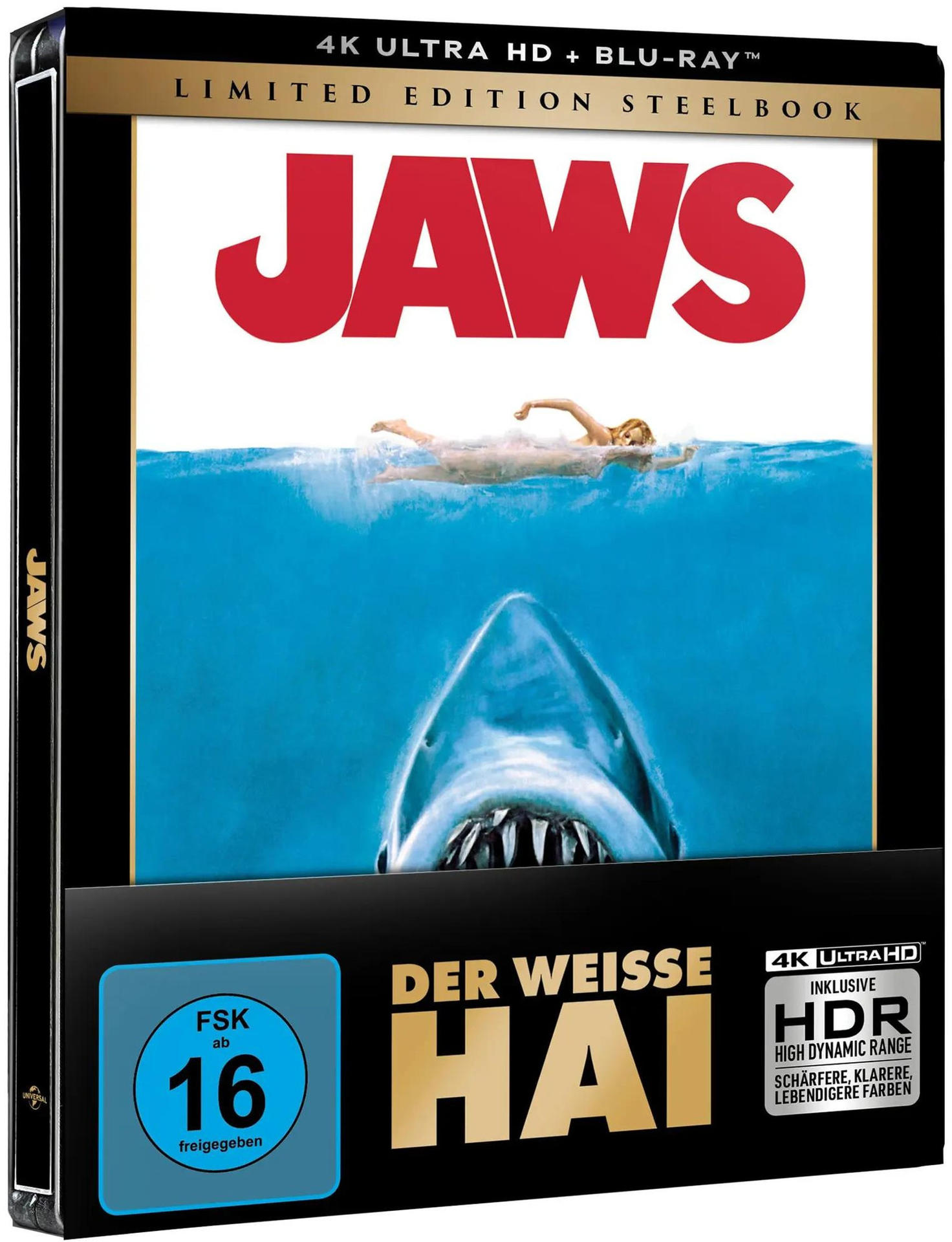 Ein Hai nähert sich einer schwimmenden Frau unter Wasser. "Jaws" Steelbook Cover.