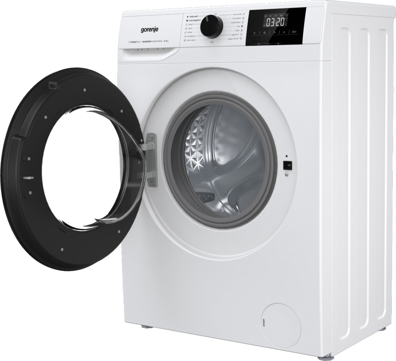 Egy fehér Gorenje mosógép nyitott ajtóval és digitális kijelzővel.