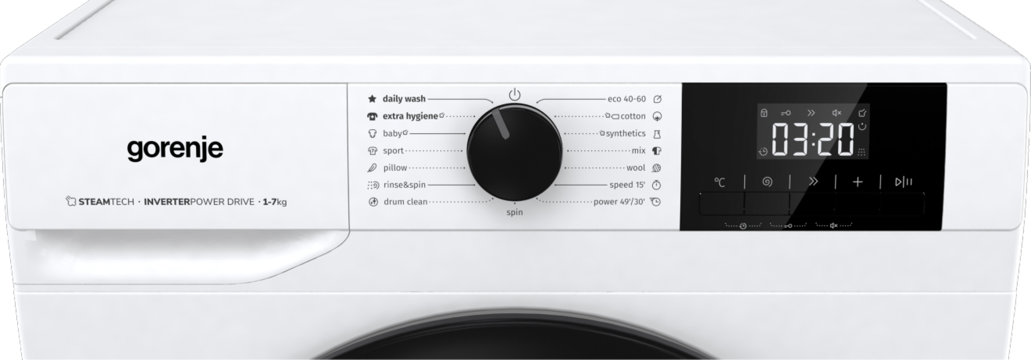 Fehér Gorenje mosógép vezérlőpult forgókapcsolóval és digitális kijelzővel, 03:20-at mutatva.